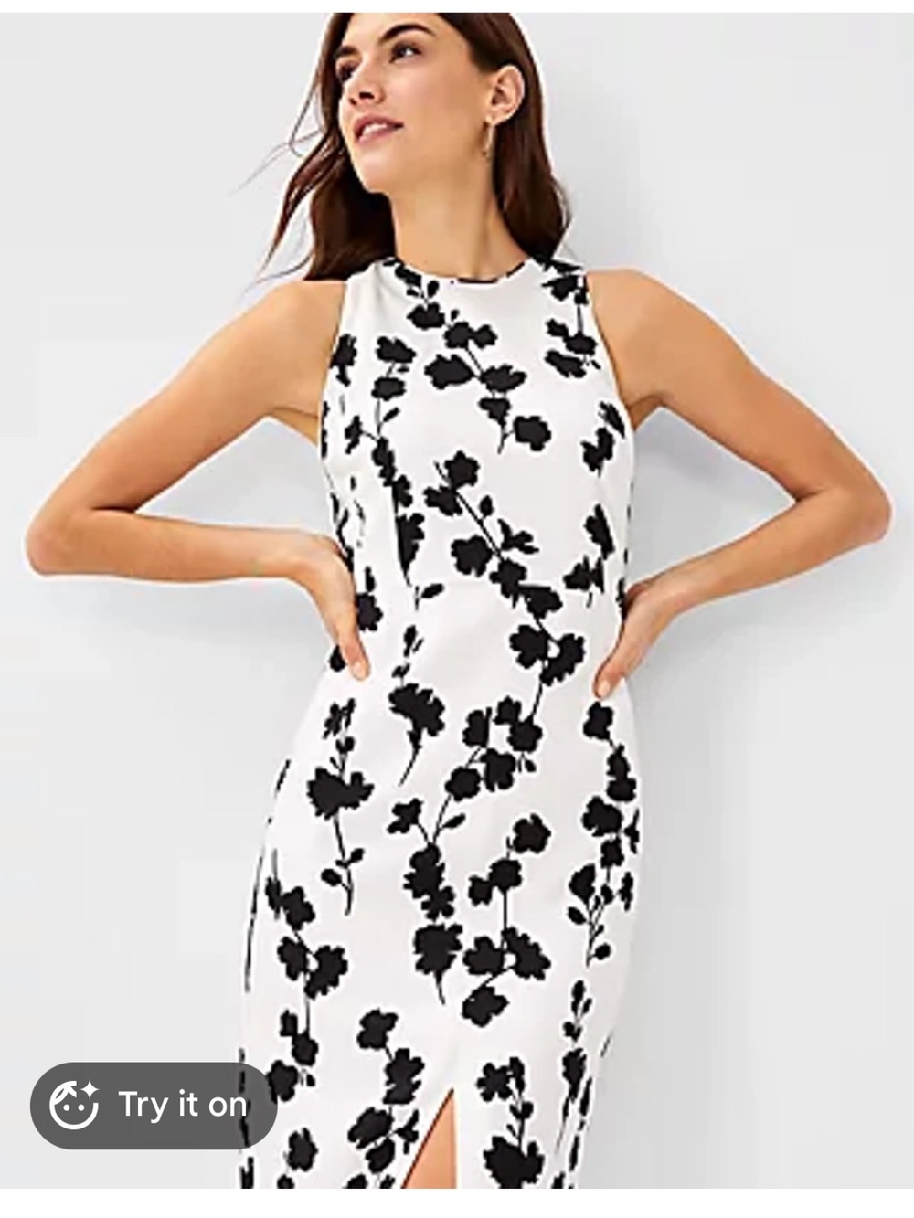 Ann Taylor White Floral Sheath Dress with Front Slit